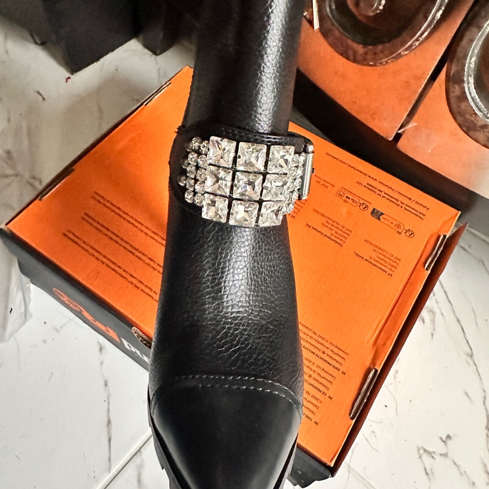 Karl Lagerfeld Paris the Mable Buckle Rhinestone Studded Leather Heel Booties.